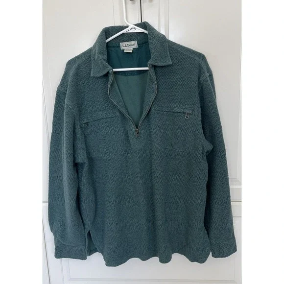 ll bean Mens Sweat shirt M. Green Quarter Zip 2 Pocket - Picture 2 of 4